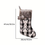 Dog-themed Christmas stocking with fur trim and measurements on a white background