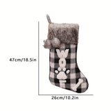 Dog-themed Christmas stocking with fur trim and measurements on a white background
