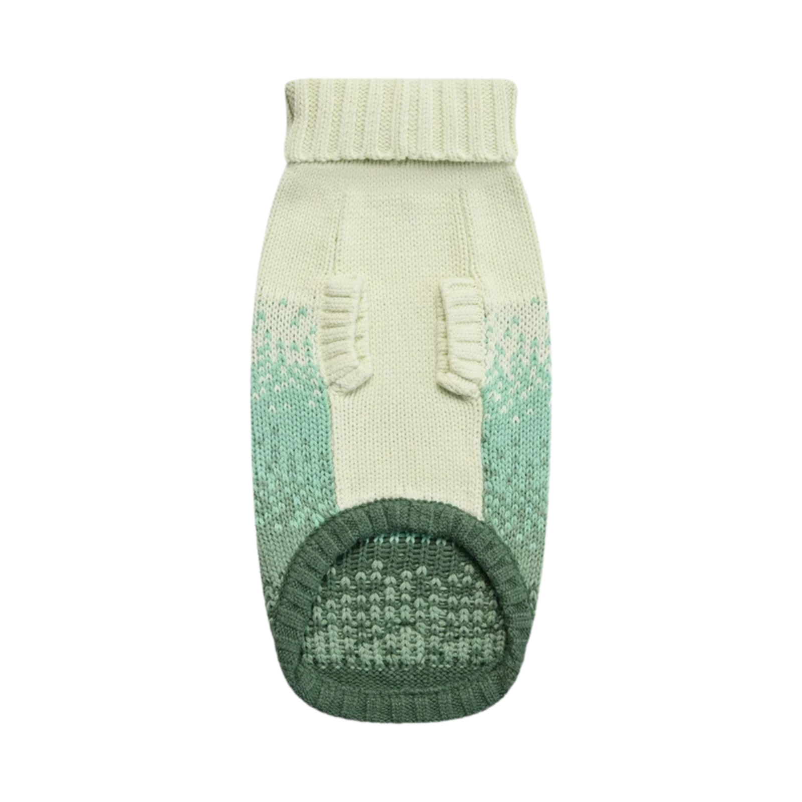 A knit pet sweater shown flat against a solid white background. The sweater features a cream-colored upper body with a light green and dark green gradient pattern on the lower half and legs, including a ribbed green toe cap.