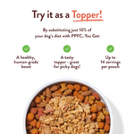 Dog food mix with text promoting it as a topper for dogs' diet.
