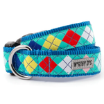 A colorful dog collar with an argyle pattern in blue, teal, yellow, red, and white, featuring a silver metal D-ring and a gray 'WORTHY DOG' brand tag.