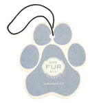 Paw-shaped car air freshener with 'One Fur All' branding on a white background