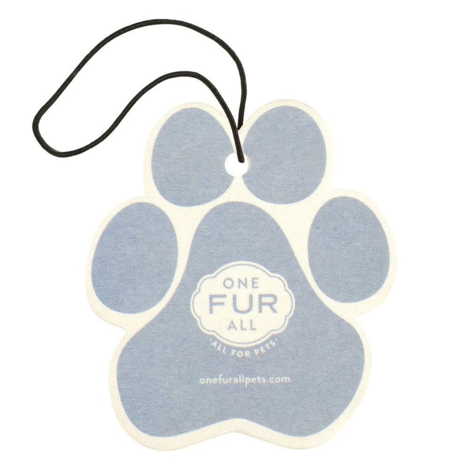Paw-shaped car air freshener with 'One Fur All' branding on a white background