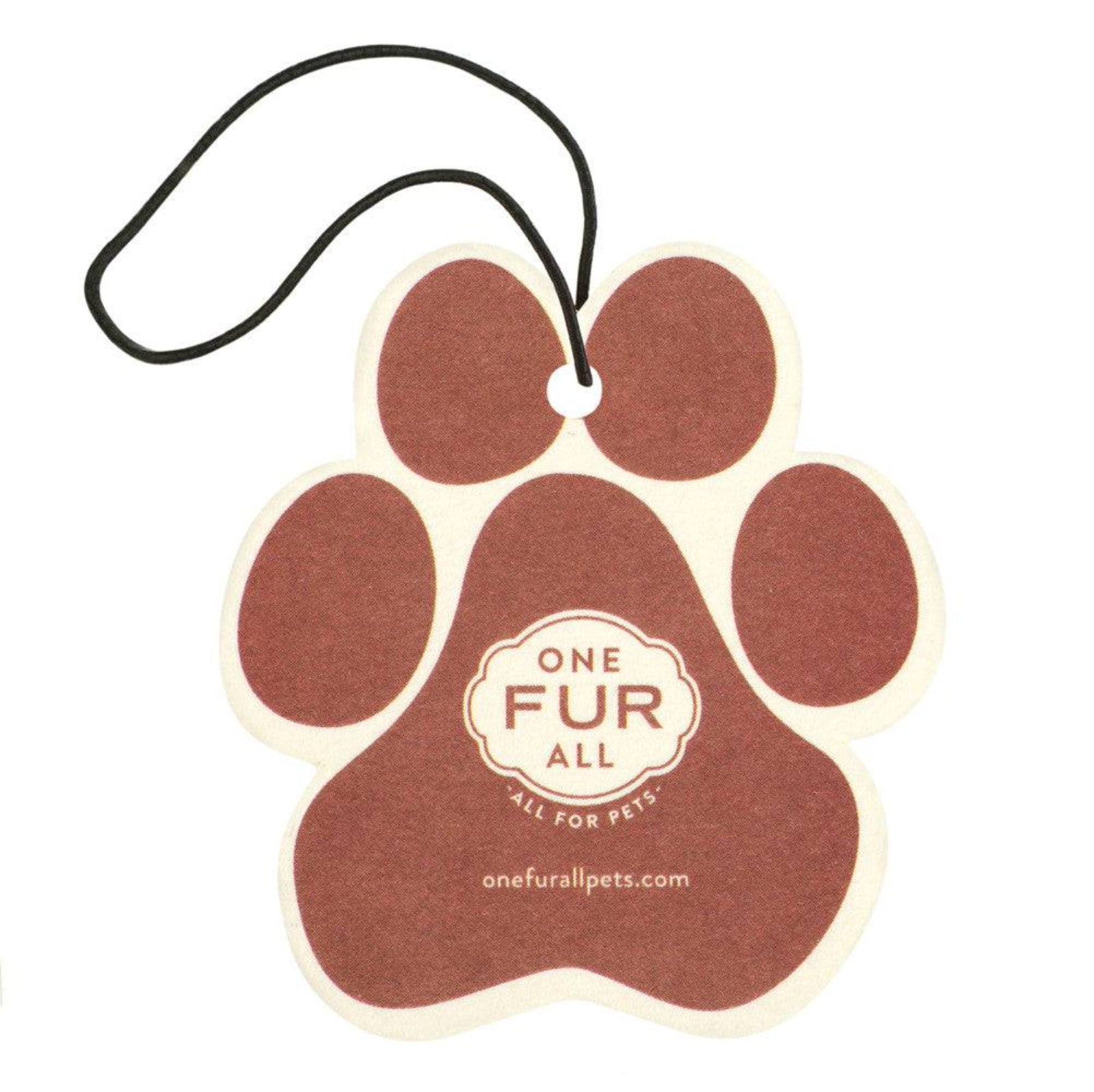 Paw-shaped car air freshener with 'One Fur All' branding on a white background