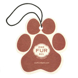 Paw-shaped car air freshener with 'One Fur All' branding on a white background