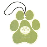 Green paw-shaped car air freshener with 'One Fur All' branding on a white background
