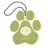 Green paw-shaped car air freshener with 'One Fur All' branding on a white background