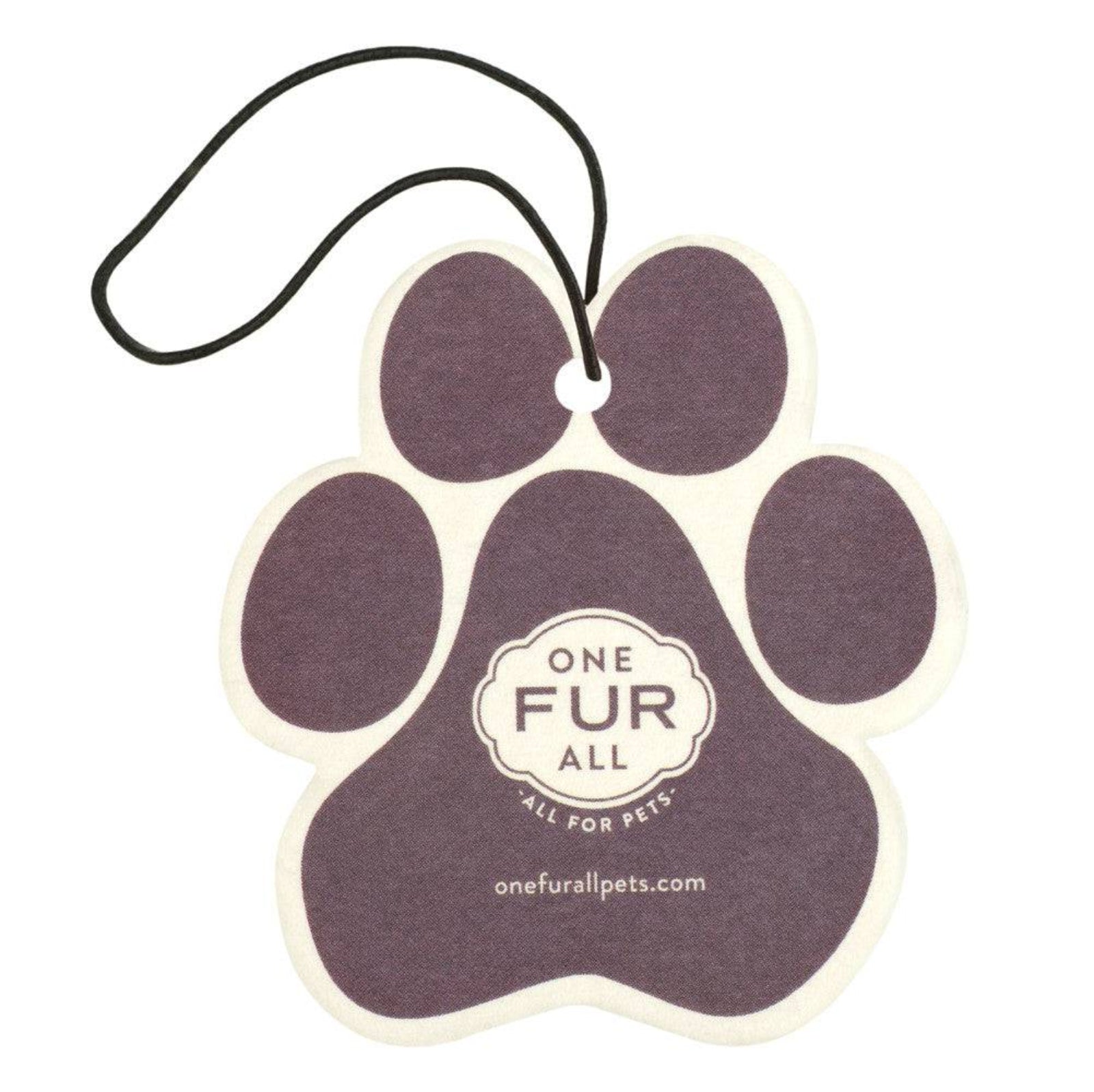 Paw-shaped air freshener with 'One Fur All' logo on a white background