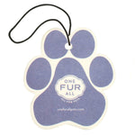 Paw-shaped car air freshener with 'One Fur All' branding on a white background