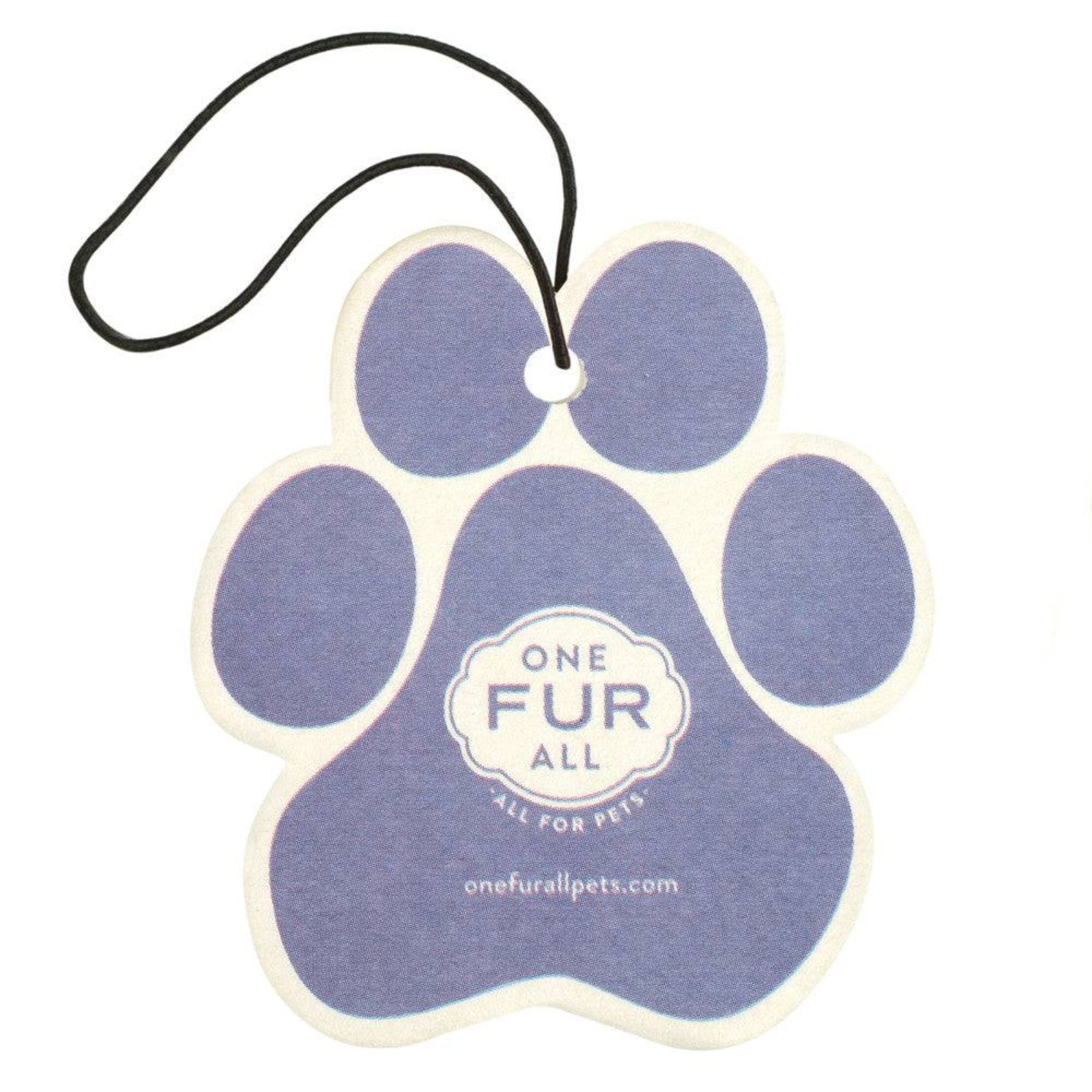 Paw-shaped car air freshener with 'One Fur All' branding on a white background