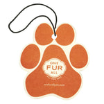 Orange paw-shaped car air freshener with 'One Fur All' branding on a white background