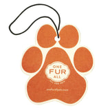 Orange paw-shaped car air freshener with 'One Fur All' branding on a white background