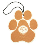 Brown paw-shaped tag with 'One Fur All' logo on a white background