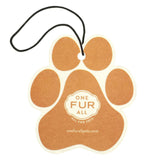 Brown paw-shaped tag with 'One Fur All' logo on a white background