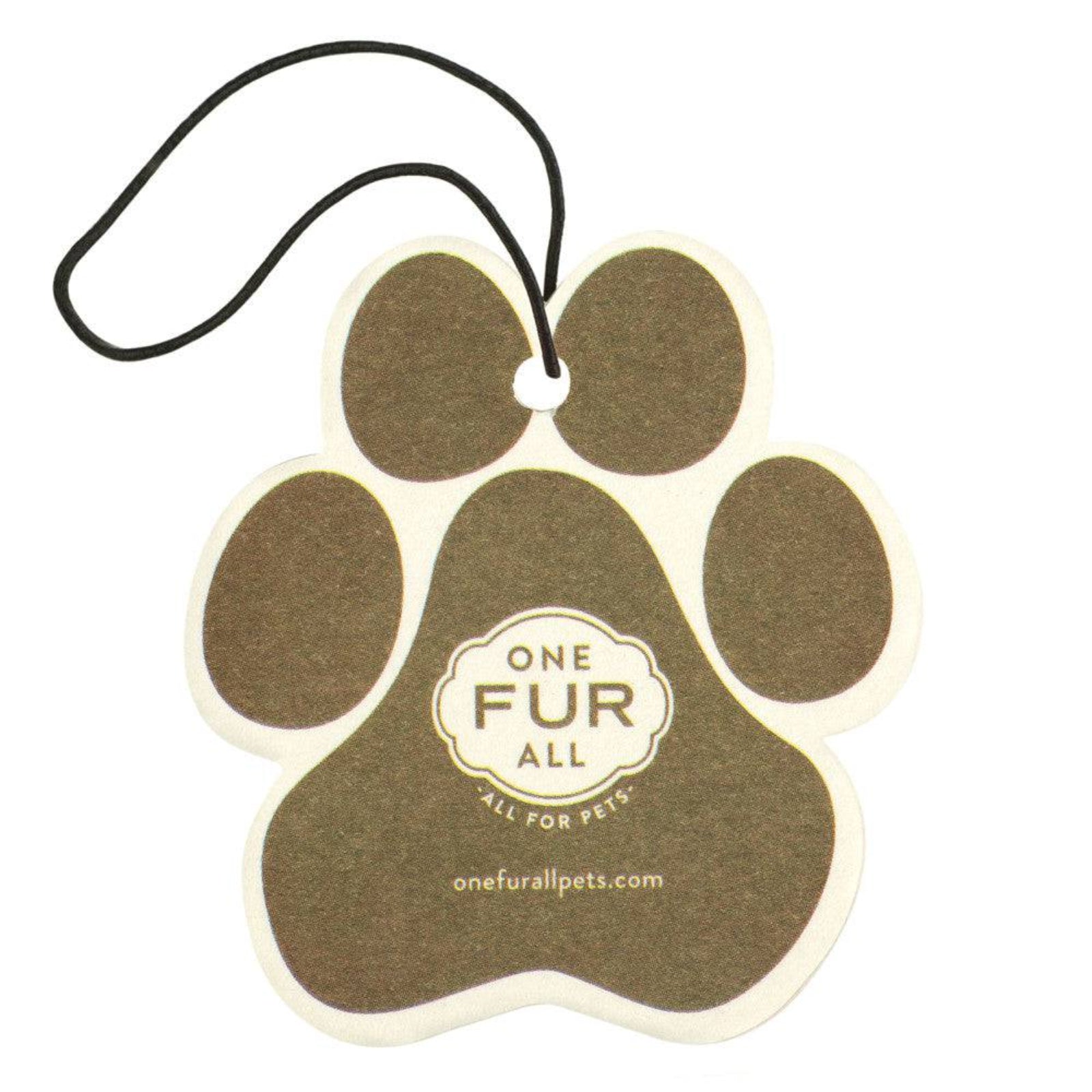Brown paw-shaped car air freshener with 'One Fur All' logo on a white background