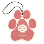 Red paw-shaped tag with 'One Fur All' logo on a white background