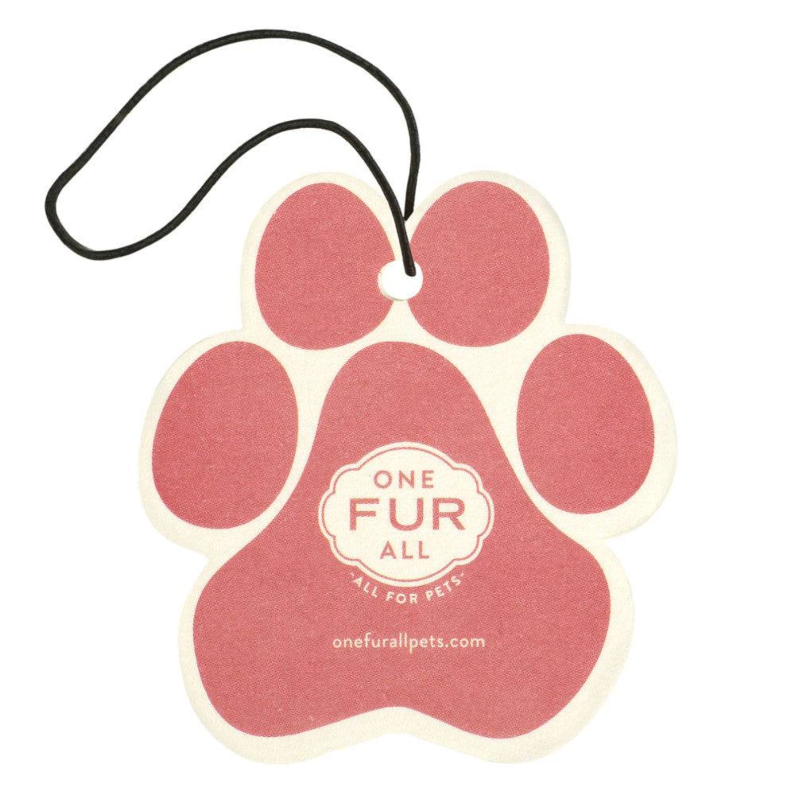 Red paw-shaped tag with 'One Fur All' logo on a white background