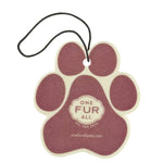 Paw-shaped air freshener with 'One Fur All' branding on a white background