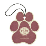 Paw-shaped air freshener with 'One Fur All' branding on a white background