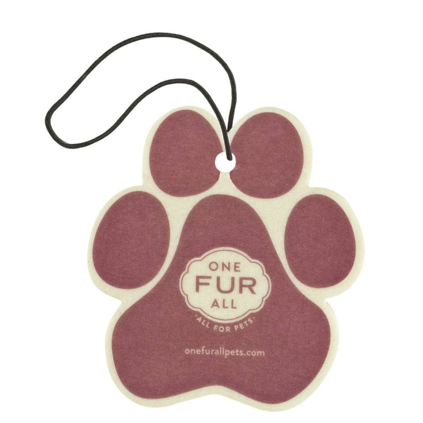 Paw-shaped air freshener with 'One Fur All' branding on a white background