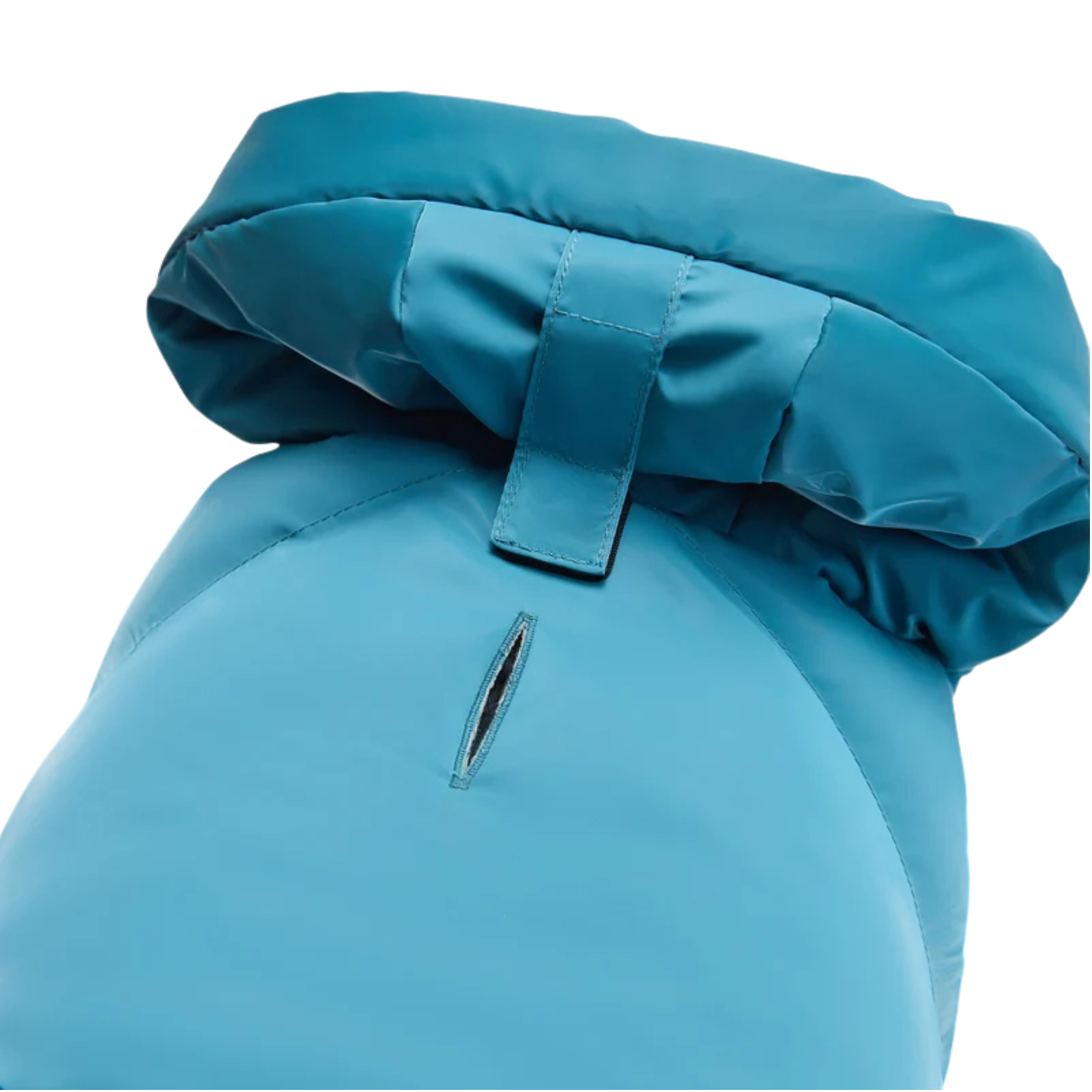 A close-up of a bright blue insulated jacket or bag showing the padded hood and a small vertical zipper on a plain white background.