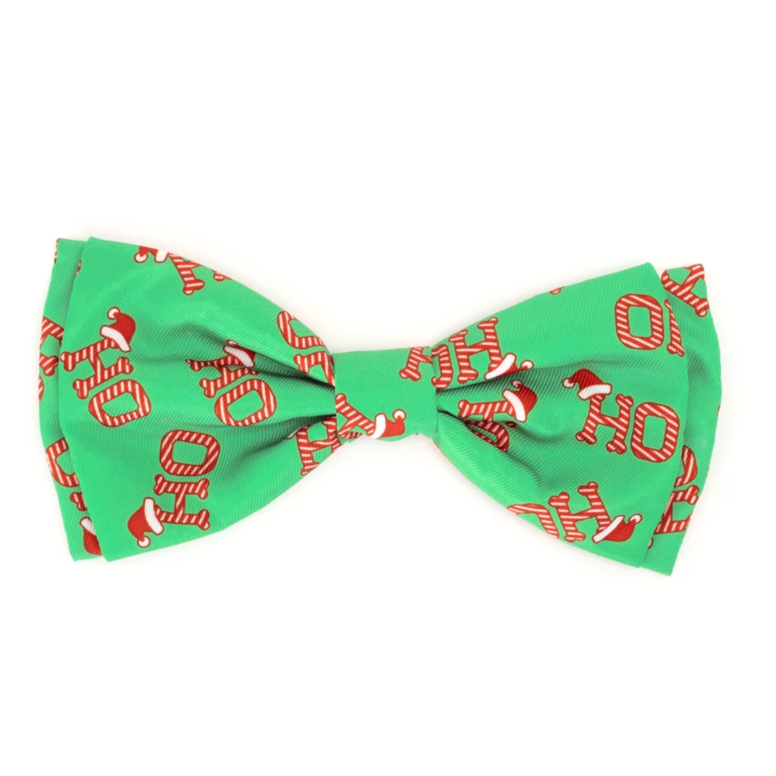 Green bow tie with red 'HO HO HO' pattern on a white background