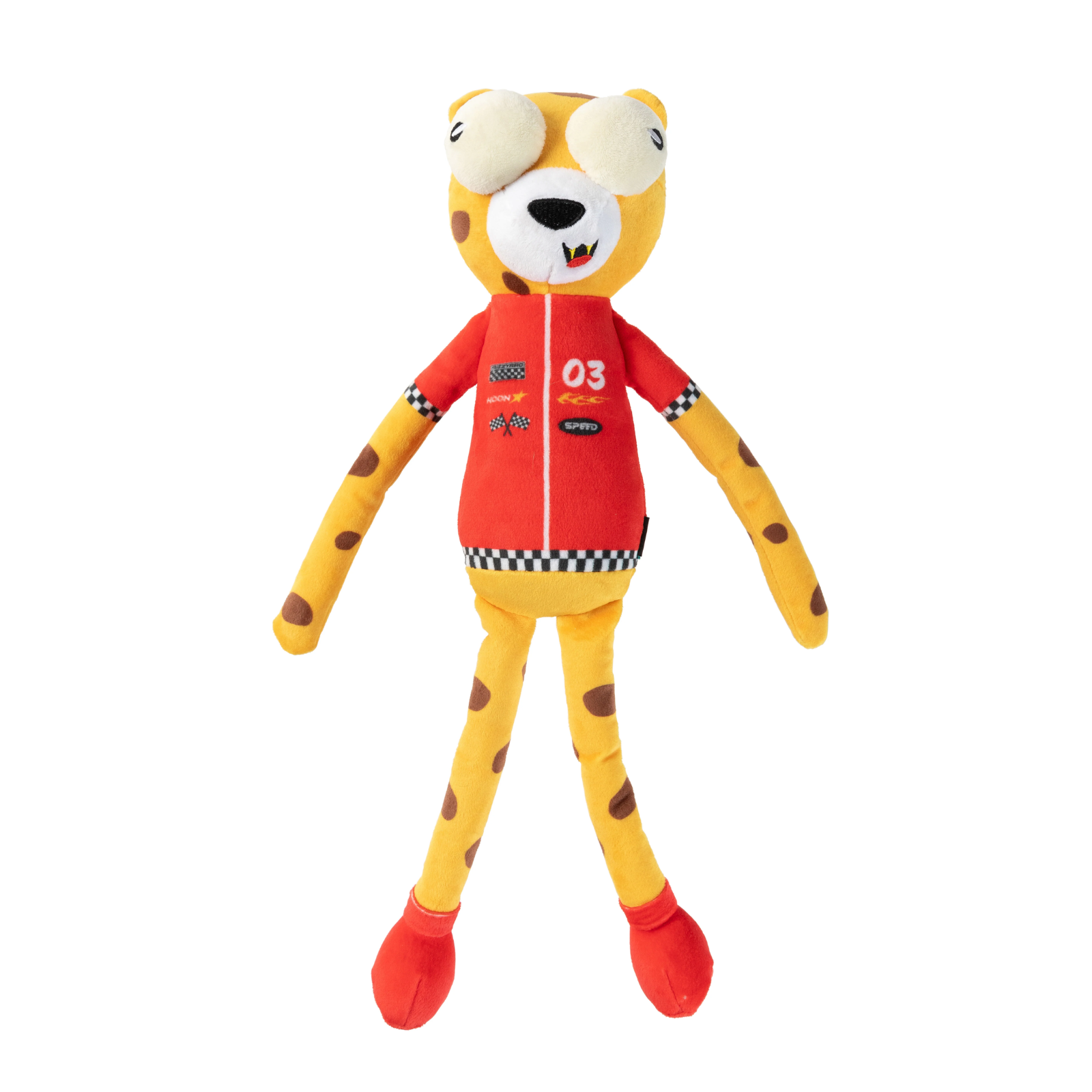 A yellow plush toy shaped like a cartoon animal character with long legs, wearing a red racing jacket with sponsor logos and the number 03.