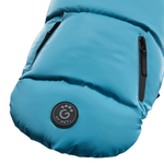 A close-up of a bright blue puffer pet blanket or bag with black zipper details and a circular black 'G for PET' logo patch on the front, set against a plain white background.