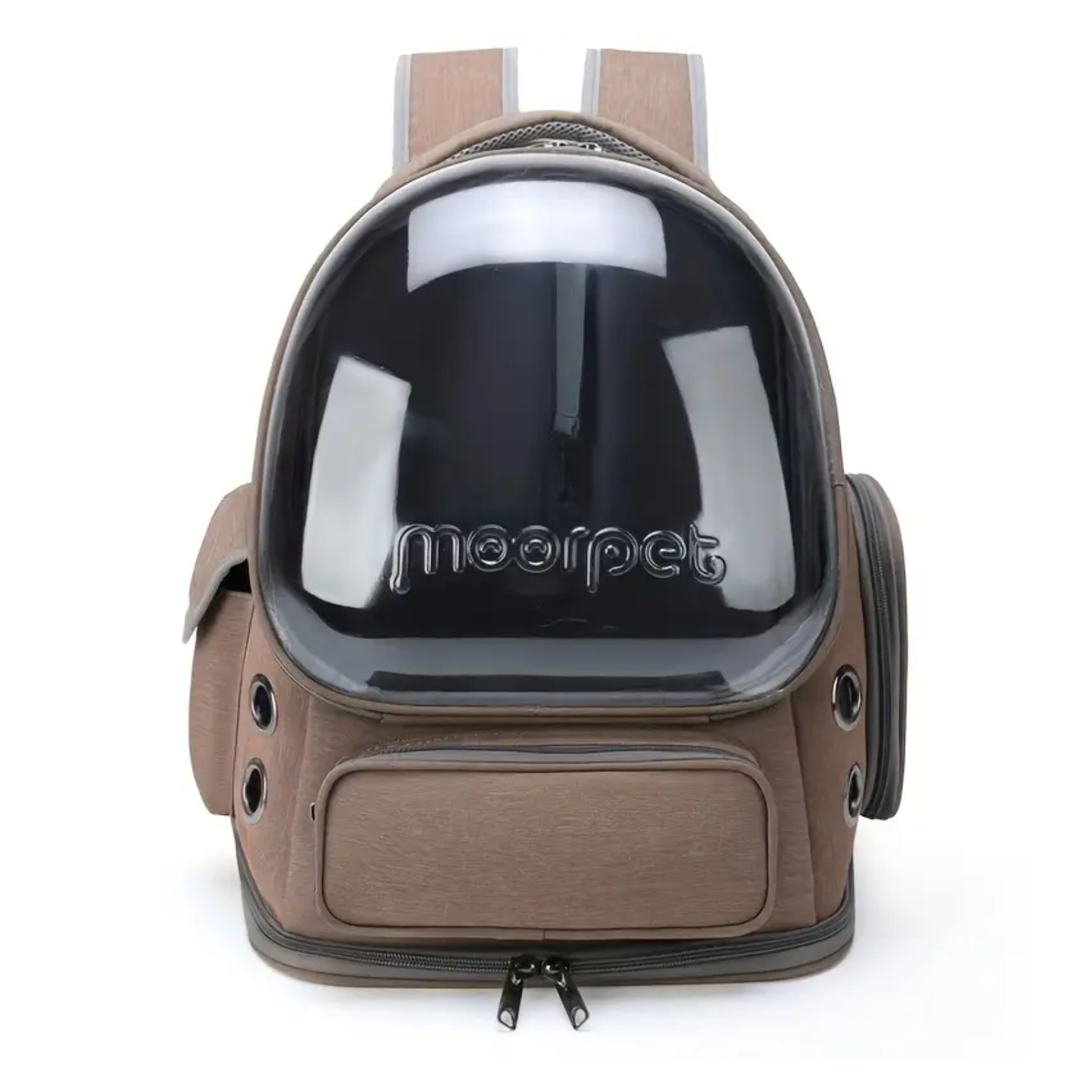 Brown pet backpack with transparent helmet on a white background