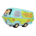 A plush toy shaped like the iconic 'The Mystery Machine' van from The Simpsons, featuring a light blue and lime green body with orange flower graphics and character illustrations on the side, shown against a plain white background.