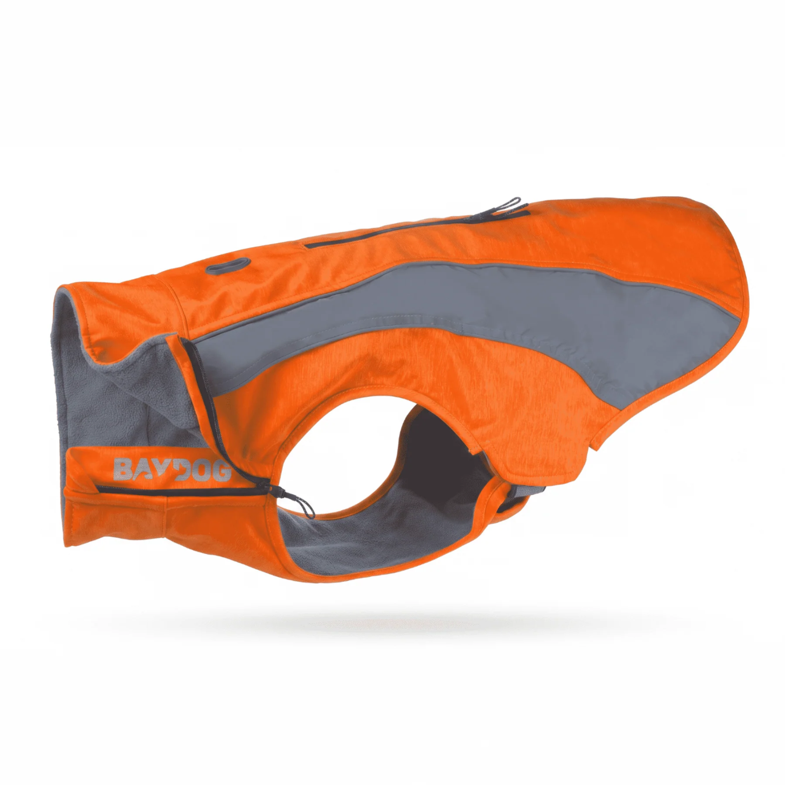 An orange and gray dog coat shown floating on a white background with a soft shadow underneath. The brand name 'BAY DOG' is printed in white on the side.