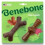 Benebone dog chew toy packaging with two toys on a green background