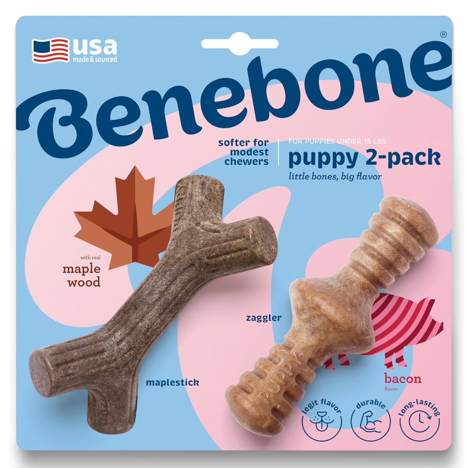 Benebone puppy chew toys packaging with two toys on a blue and pink background