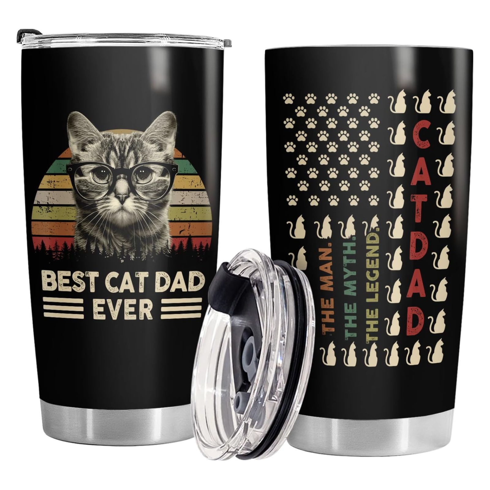 Two black tumblers with cat-themed designs on a white background