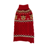 Red knitted dog sweater with reindeer and snowflake pattern on a white background