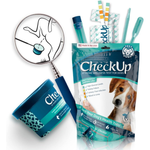CheckUp at-home wellness test for dogs with a magnifying glass and test kit on a white background