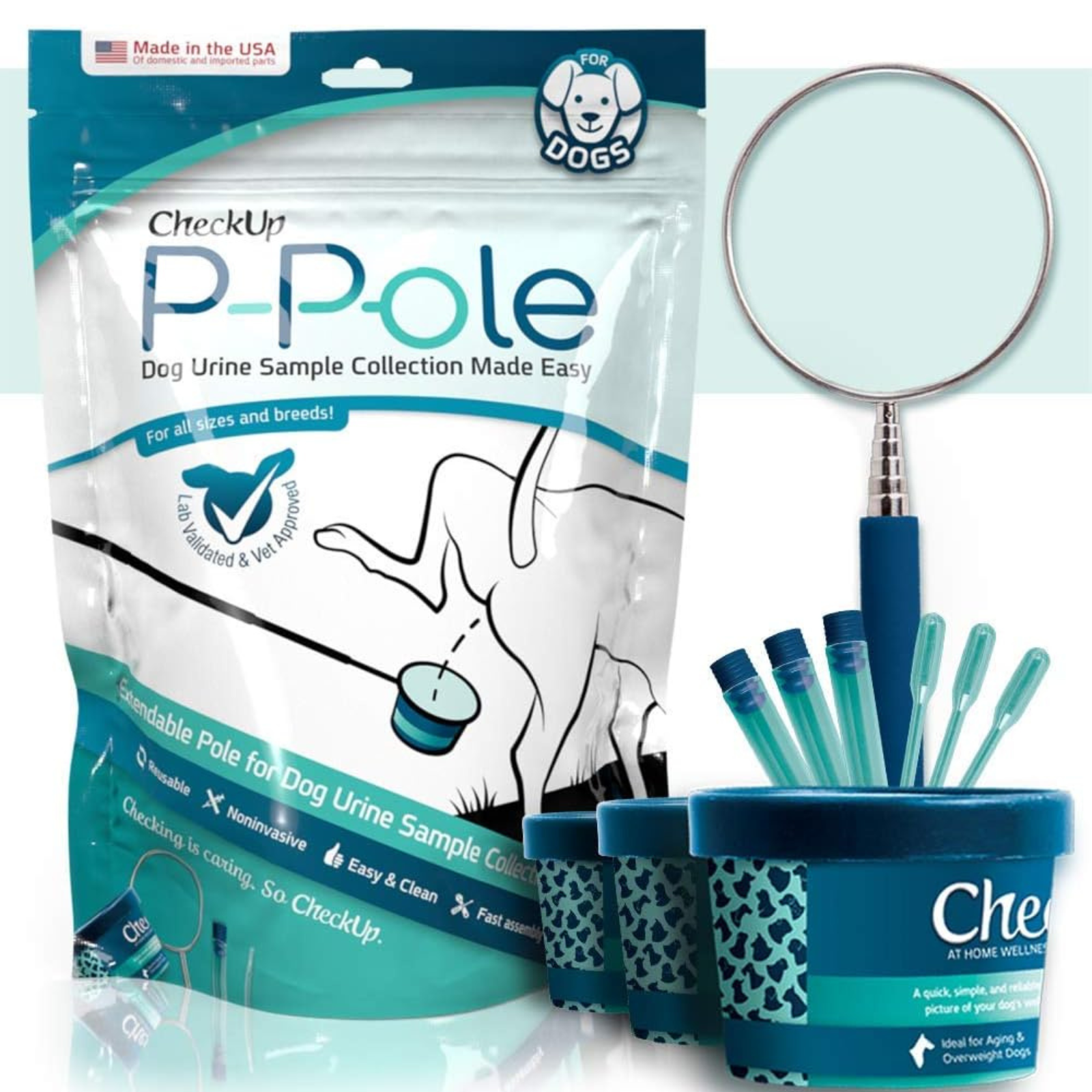 CheckUp P-Pole dog urine sample collection kit with packaging and tools on a white background