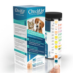 CheckUp Strips pet wellness urinalysis testing kit with packaging and color chart on a white background