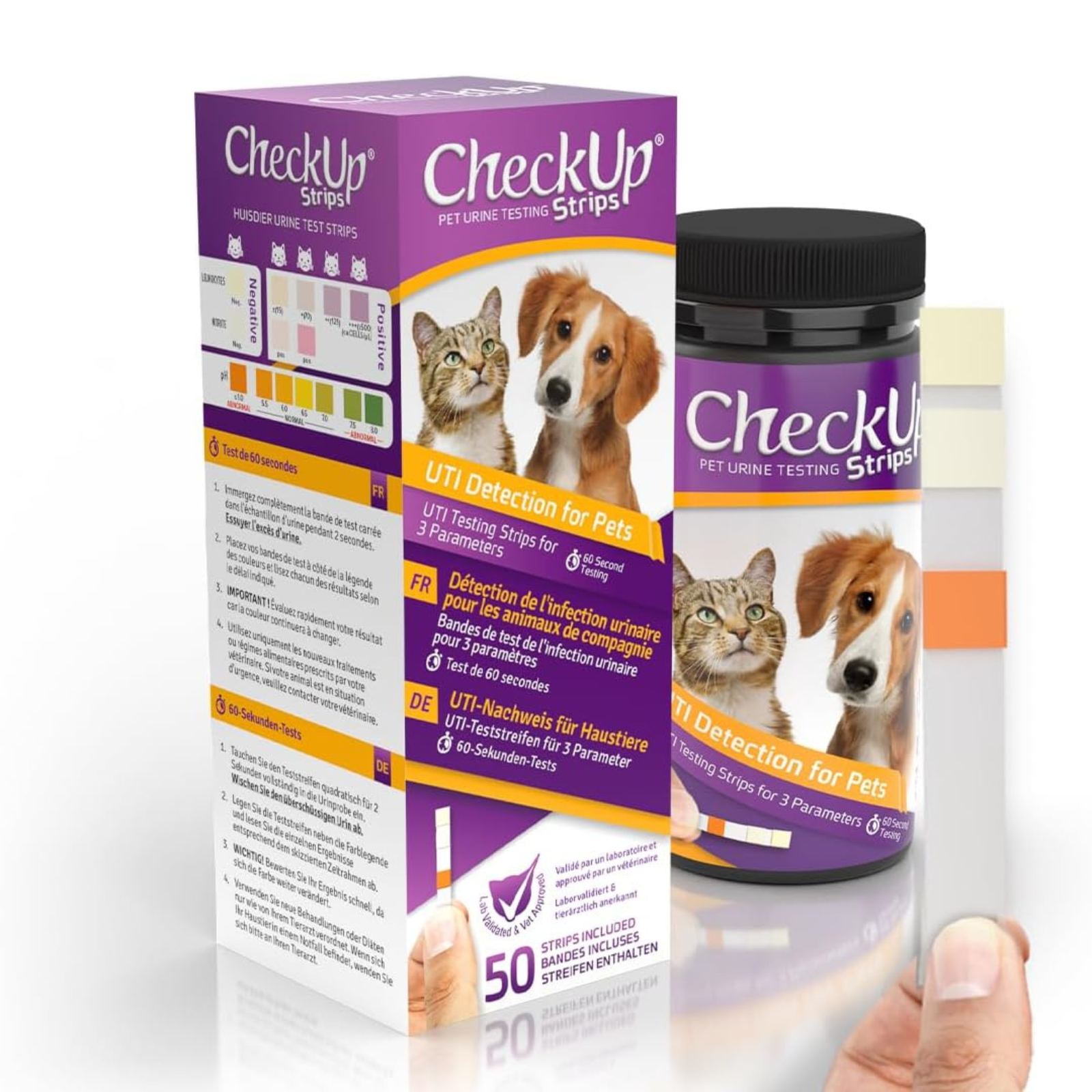 CheckUp pet urine testing strips packaging with a hand holding a strip on a white background