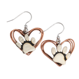Copper Heart Silver Pawprint Dangle Earrings
