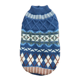 Blue patterned dog sweater on a white background