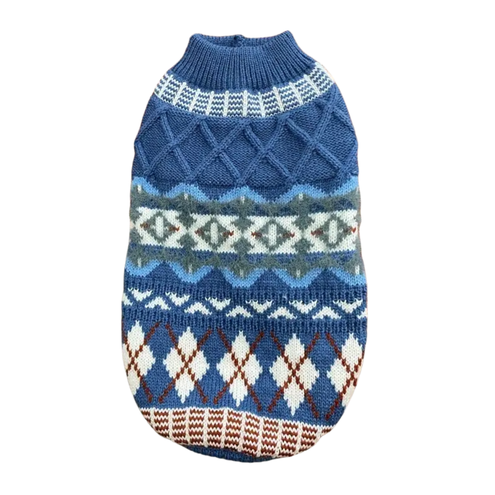 Blue patterned dog sweater on a white background