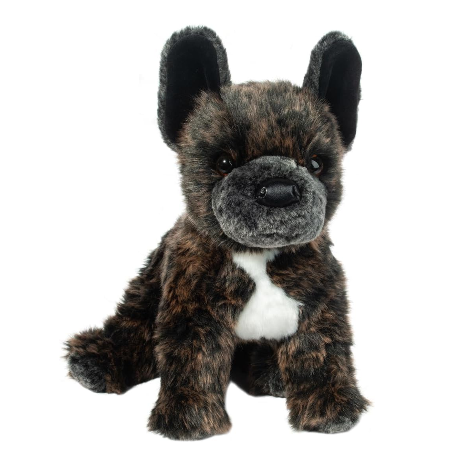 Plush toy resembling a dog with brown and black fur on a white background
