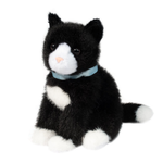 Black and white plush cat toy with a blue collar on a white background