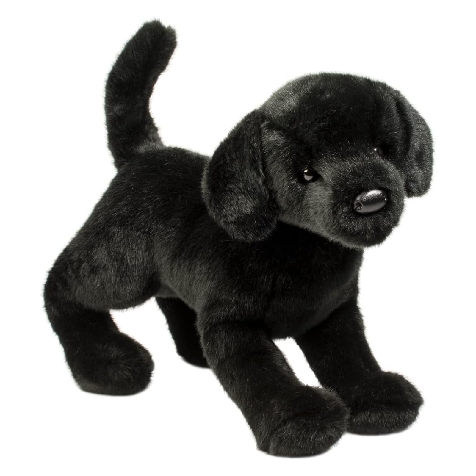 Black plush dog toy on a white background