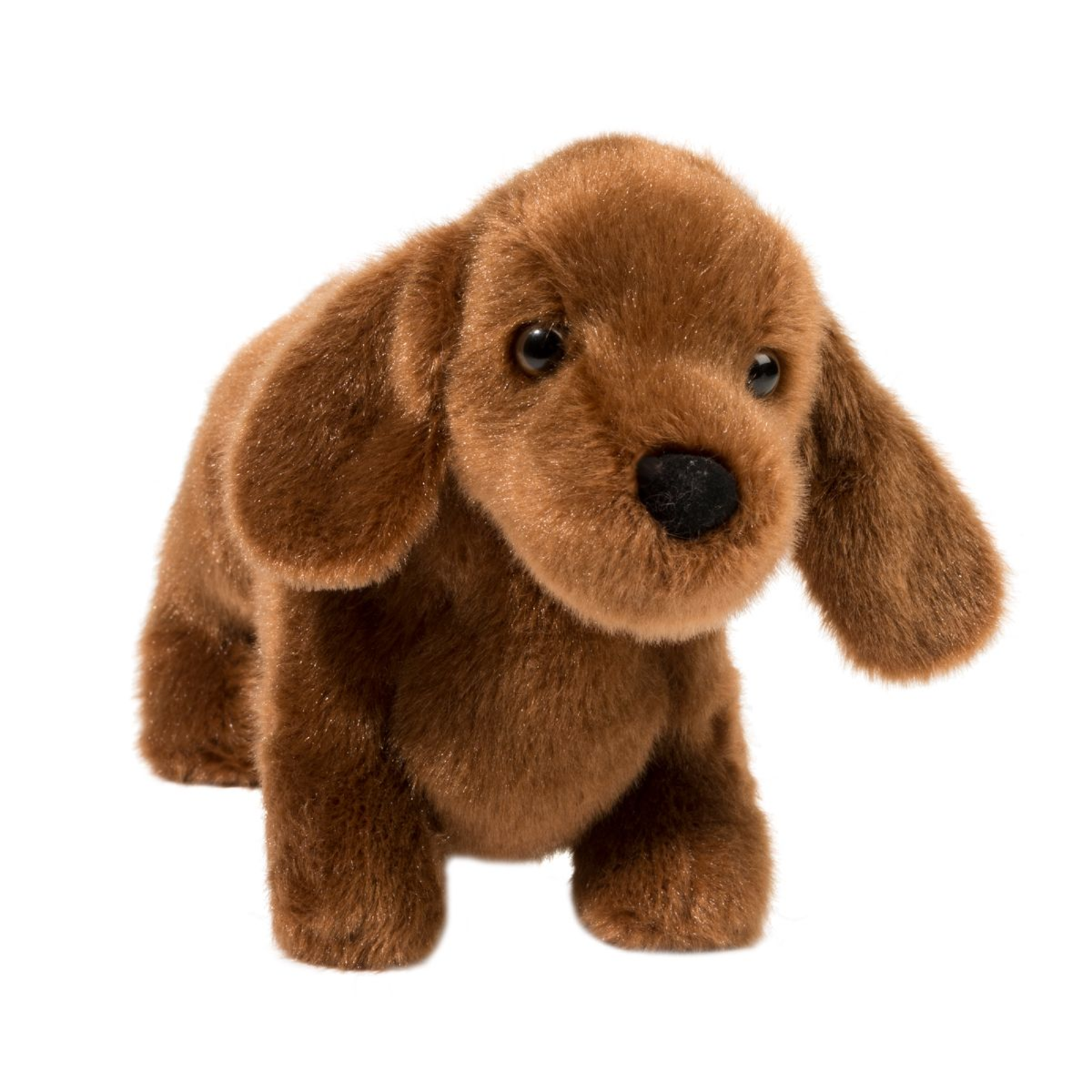 Brown plush dog toy on a white background