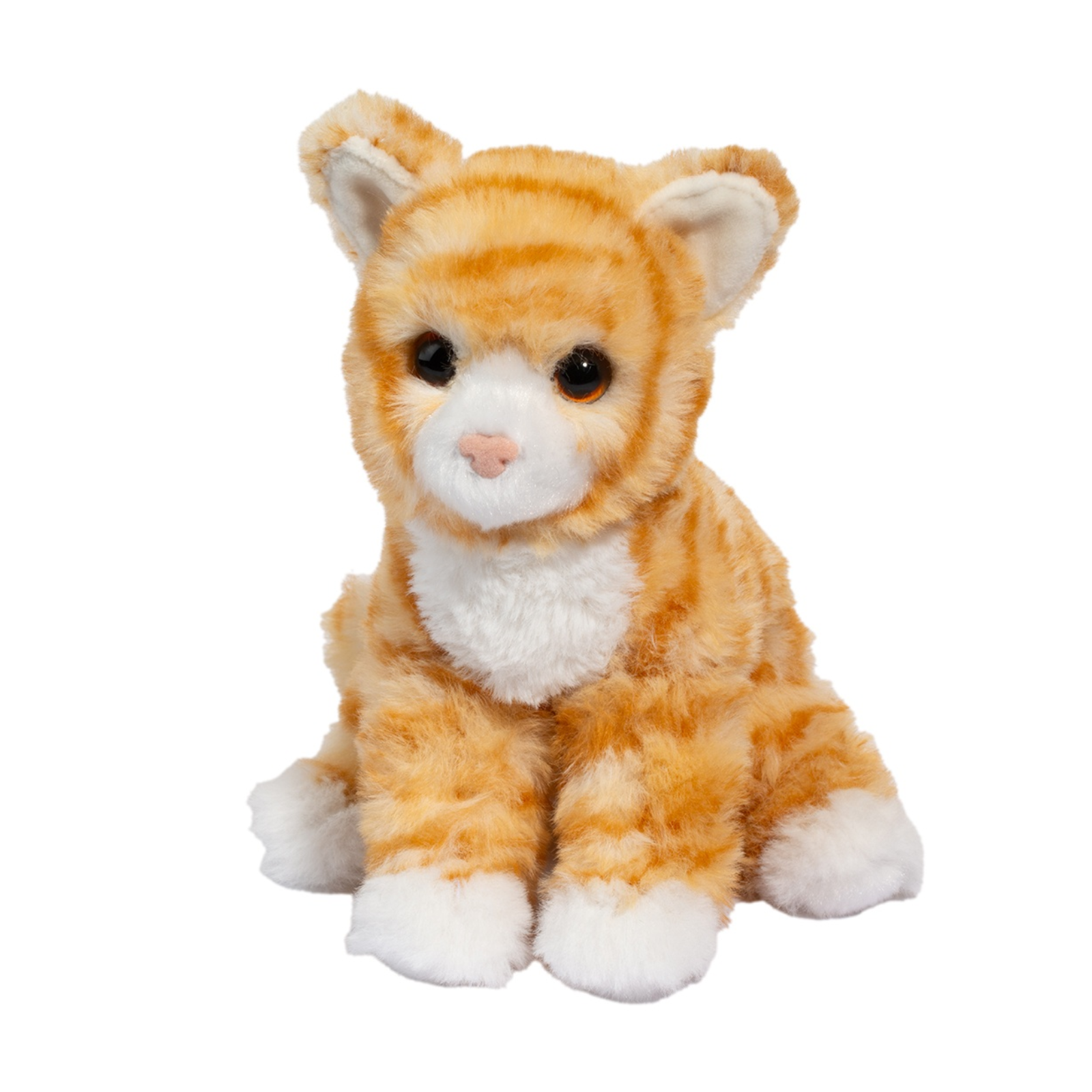 Plush toy cat with orange and white fur on a white background