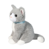 Plush toy cat with gray fur and white paws on a white background