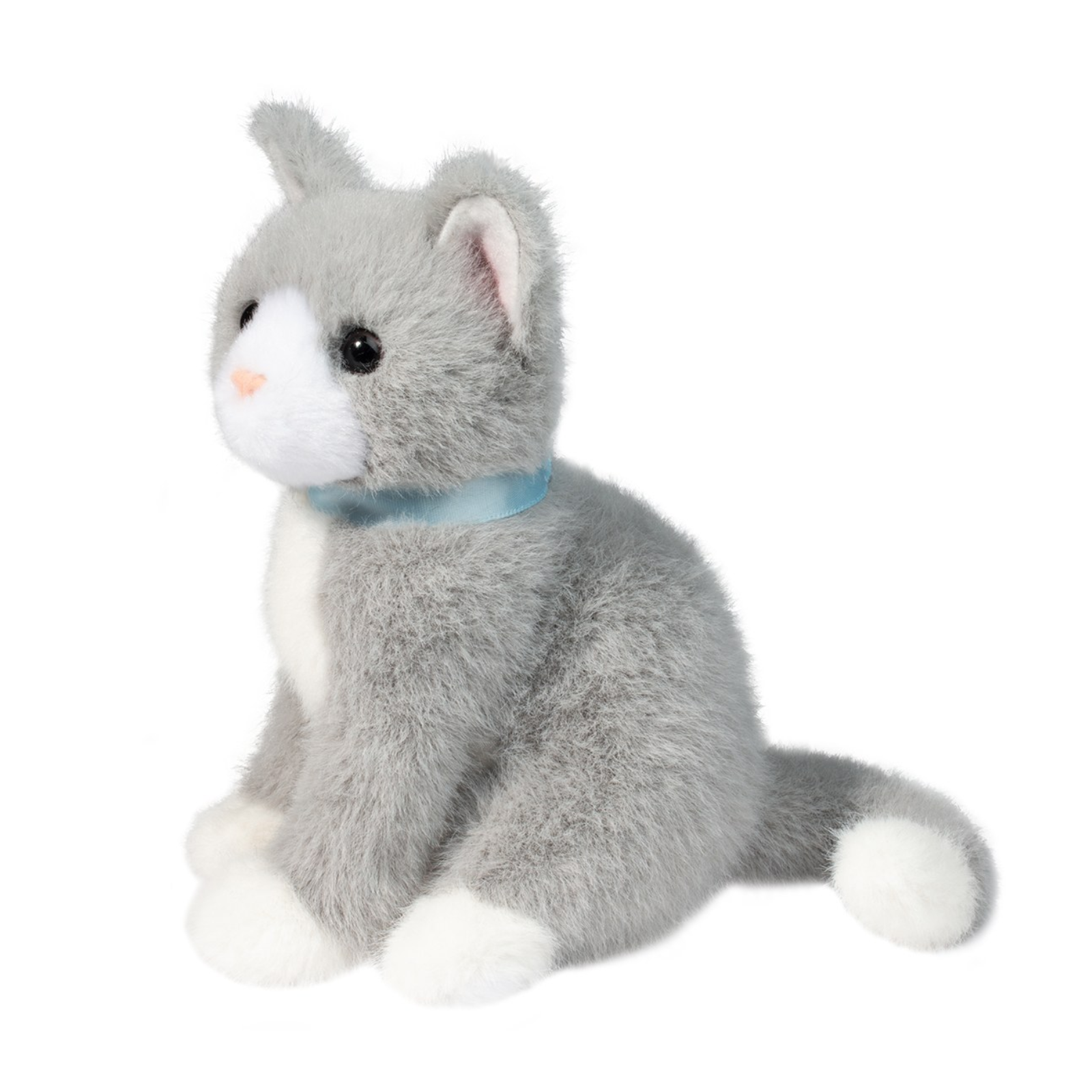 Plush toy cat with gray fur and white paws on a white background