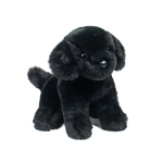 Black plush dog toy on a white background